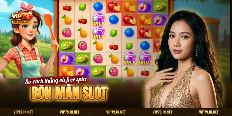 Màn slot trái cây dạng lưới ô vuông có hũ mứt và cô nông dân