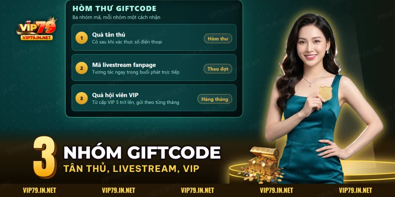 Ba nhóm giftcode VIP79 trong hòm thư: quà tân thủ, mã livestream và quà hội viên VIP