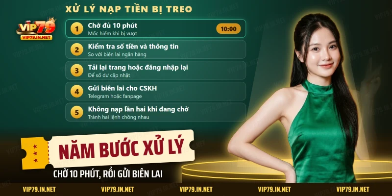 Các bước xử lý nạp tiền VIP79 đang treo theo thứ tự từ chờ đến gửi biên lai cho CSKH