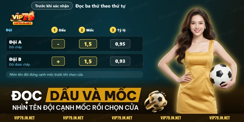 Đội chấp và đội được chấp trên bảng kèo chấp bóng đá kèm dấu, mốc và tỷ lệ