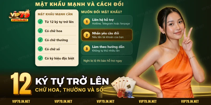 Bảng tiêu chí mật khẩu mạnh và các bước nhắn bộ phận hỗ trợ để đổi mật khẩu VIP79