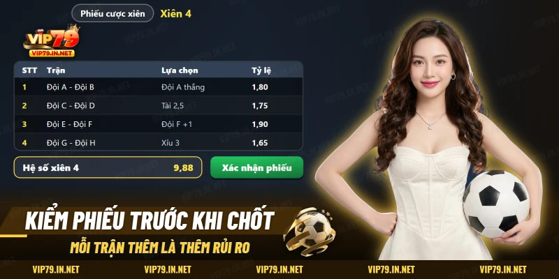 Phiếu xiên bốn trận liệt kê trận, lựa chọn, tỷ lệ và hệ số chung trước khi xác nhận