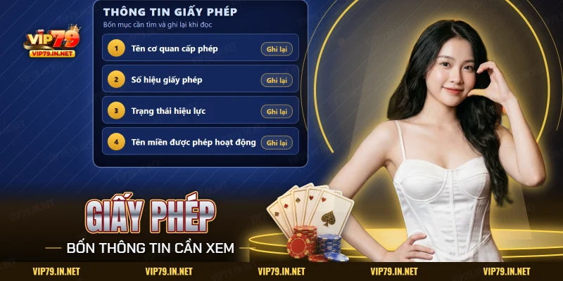 Giấy phép hoạt động VIP79 gồm bốn thông tin cần tìm: cơ quan cấp, số hiệu, hiệu lực và tên miền
