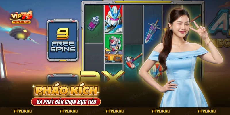 Màn slot robot ở vòng thưởng với các biểu tượng vũ khí và mũ giáp