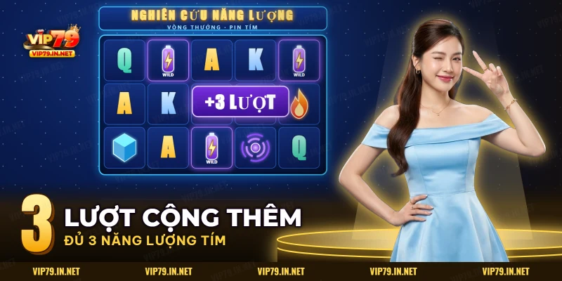 Pin tím trên lưới quay và thông báo cộng ba lượt trong vòng Nghiên cứu năng lượng