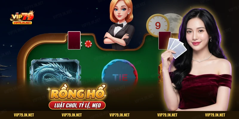 Rồng Hổ VIP79 trên bàn bài hoạt hình với hình rồng và cửa Hòa