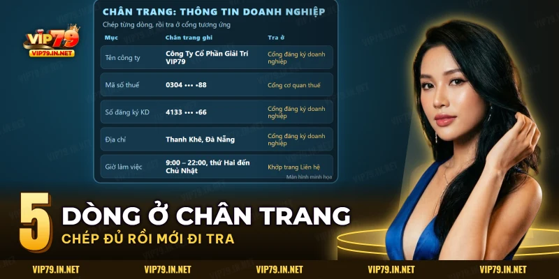 Thông tin doanh nghiệp VIP79 ở chân trang gồm tên công ty, mã số thuế, đăng ký kinh doanh và địa chỉ