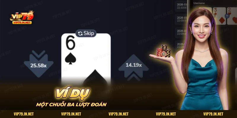 Ví dụ chuỗi ba lượt đoán Trên Dưới VIP79 với lá bài ở giữa màn hình